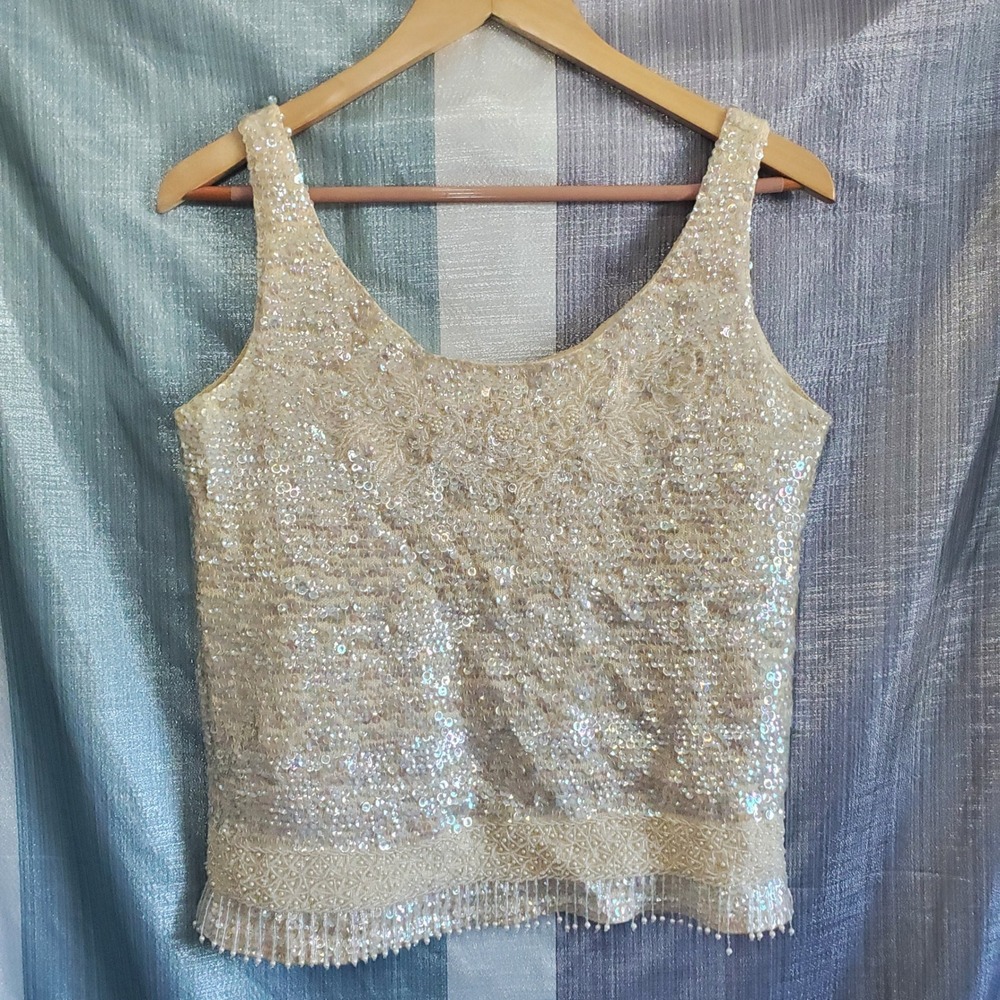 Vintage Alexanders Cream Wool Sequin Beaded Tank Top Shell Sz 38 Flapper Gatsby